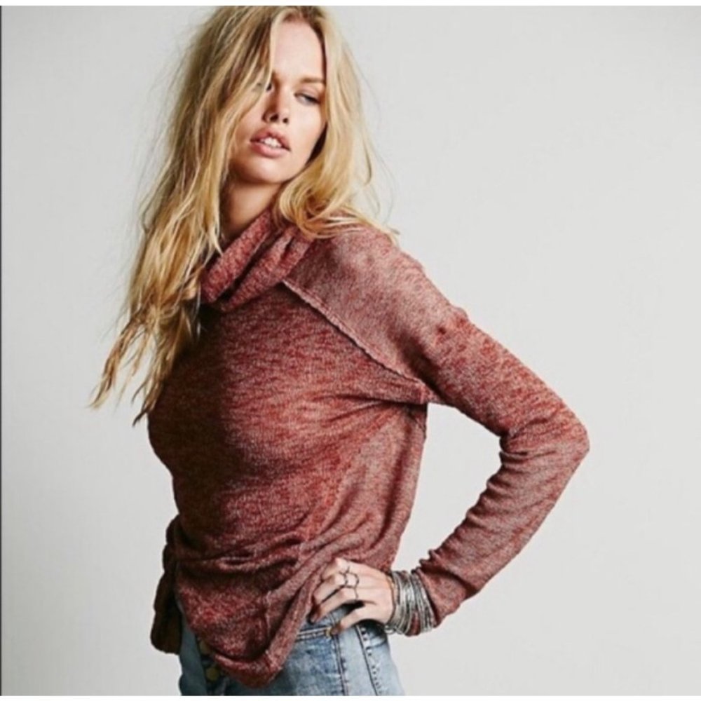 We The Free Beatnik Hacci Cowl Neck Open Knit Sweater Medium Rust Red Raw Hem